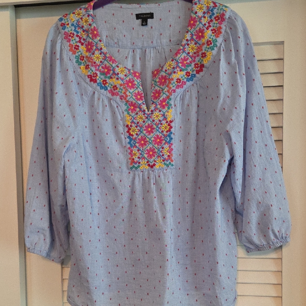 Talbots Light Blue Embroidered Split-Neck Tunic with Multicolor Floral Detail